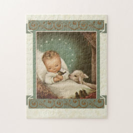 Baby Jesus in der Krippe mit Lamm u. Vogel