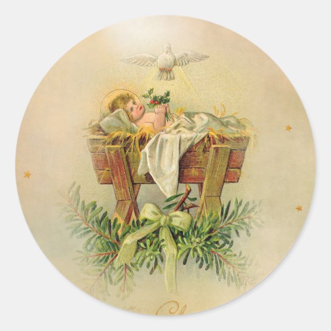 Baby Jesus in Manger Dove Runder Aufkleber (Vorderseite)