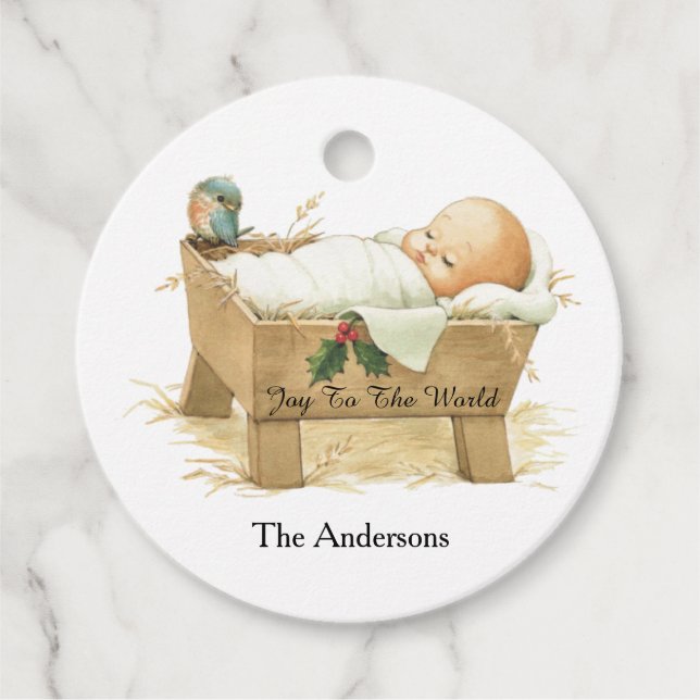 Baby Jesus in Manger Gevor Tag Geschenkanhänger (Vorderseite)