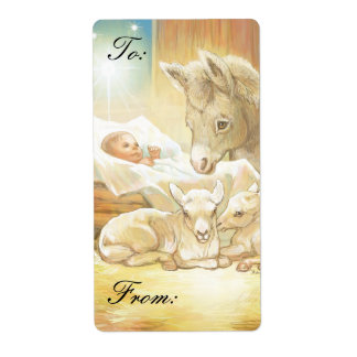 Baby Jesus Krippe mit Lämmern und Geschenketikette