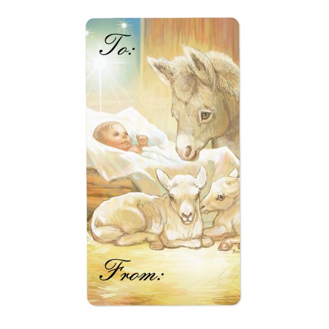 Baby Jesus Krippe mit Lämmern und Geschenketikette (Vorne)