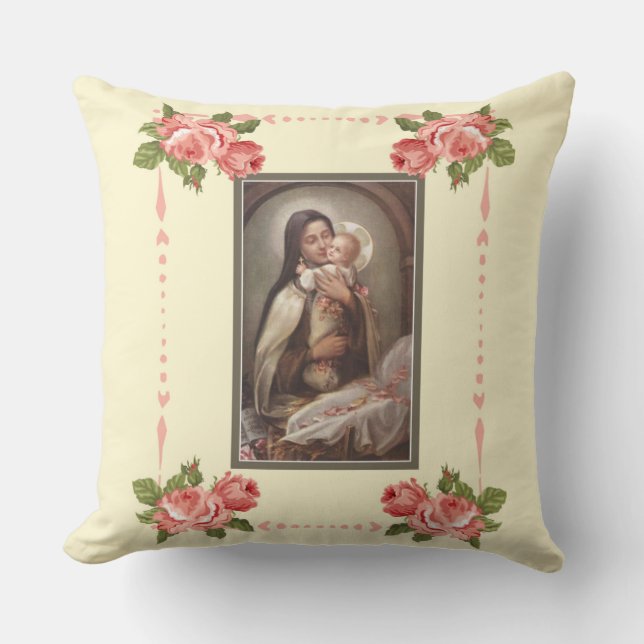 Baby-Jesus-Krippen-Rosa-Rosen St. Therese Kissen (Vorderseite)