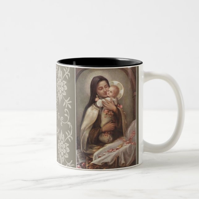 Baby-Jesus-Krippen-Rosa-Rosen St. Therese Zweifarbige Tasse (Rechts)