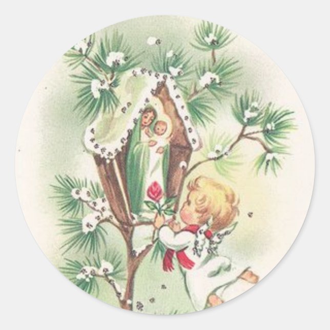 Baby Jesus Manger Christmas Bells Ribbon Runder Aufkleber (Vorderseite)