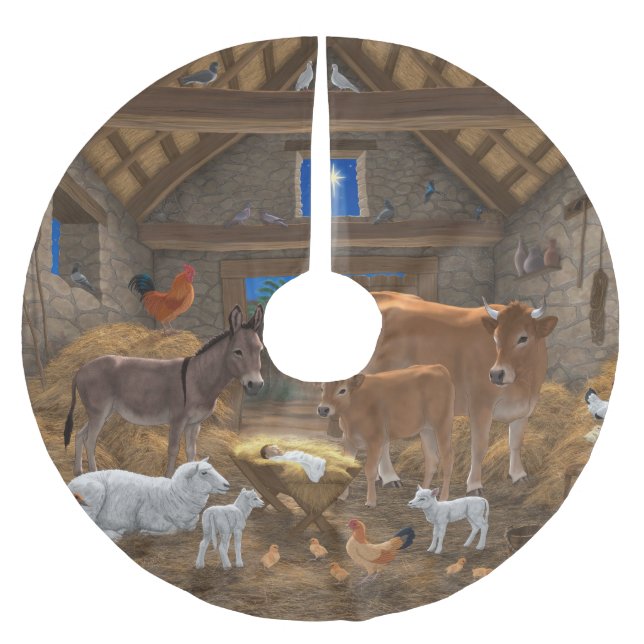 Baby Jesus Manger Heilige Nacht Weihnachtskrippe Polyester Weihnachtsbaumdecke (Vorderseite)