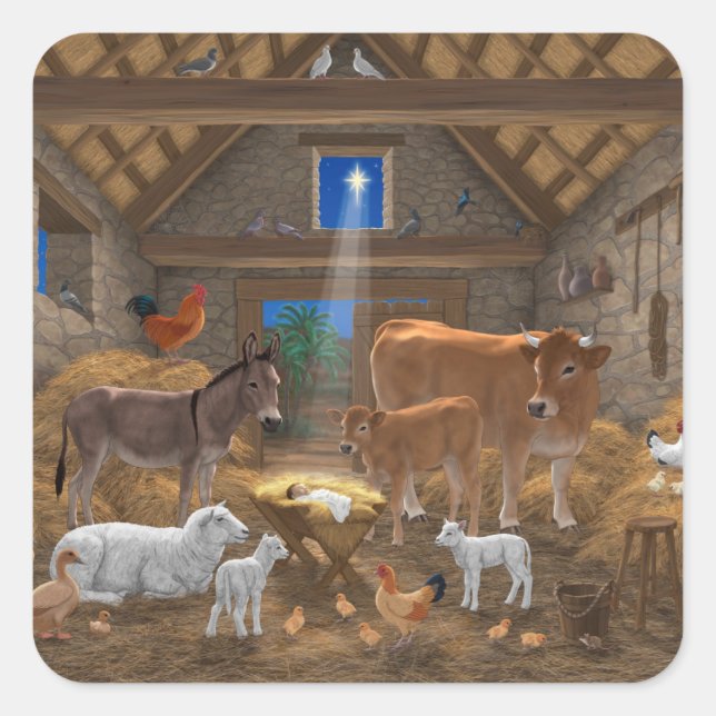 Baby Jesus Manger Heilige Nacht Weihnachtskrippe Quadratischer Aufkleber (Vorderseite)