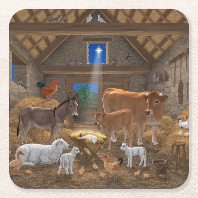 Baby Jesus Manger Heilige Nacht Weihnachtskrippe Rechteckiger Pappuntersetzer (Vorderseite)