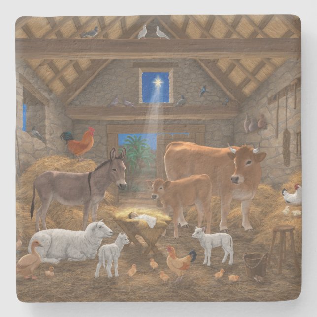 Baby Jesus Manger Heilige Nacht Weihnachtskrippe Steinuntersetzer (Vorderseite)