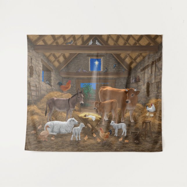 Baby Jesus Manger Heilige Nacht Weihnachtskrippe Wandteppich (Vorderseite (Horizontal))