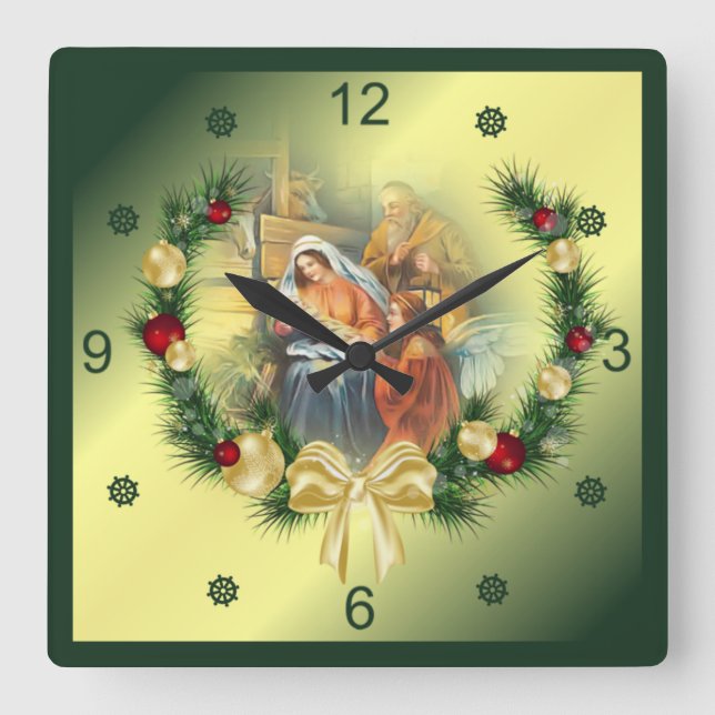  Baby Jesus, Mary & Joseph ~ Die heilige Familie ~ Quadratische Wanduhr (Vorderseite)