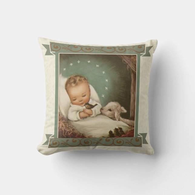 Baby Jesus mit Lamm u. Vogel in der Krippe Kissen (Vorderseite)