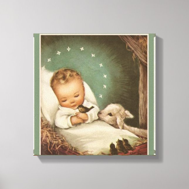 Baby Jesus mit Lamm & Vogel in Gefahr Leinwanddruck (Vorderseite)