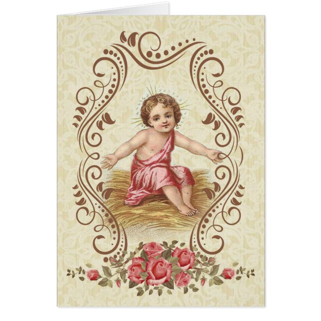Baby Jesus mit rosa Rosen dekorative Goldgrenze (Vorne)