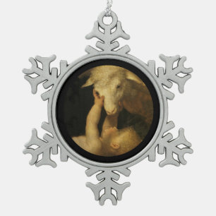 Baby Jesus Touchs Gesicht des Lammes Schneeflocken Zinn-Ornament