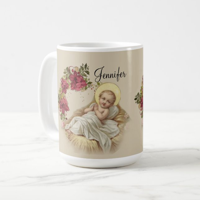 Baby-Jesus-WeihnachtsblumenKranz Kaffeetasse (Vorderseite Links)