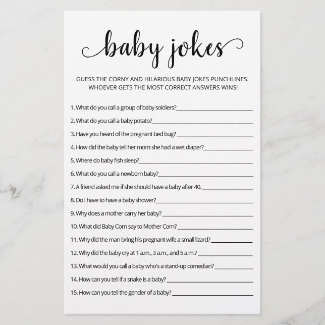 Baby Jokes Baby Shower Spiel mit Antworten (Vorderseite)