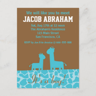 Baby-Junge - blaue Giraffen-Silhouetten und Einladung