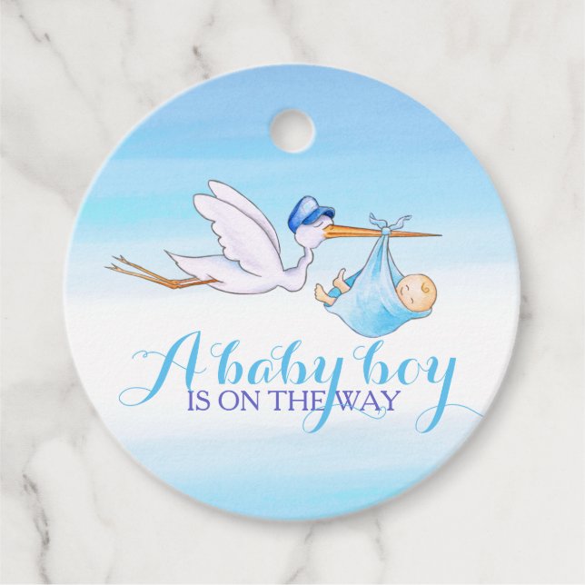 Baby Junge Dusche Storch Blue Aquarell Danke Geschenkanhänger (Vorderseite)
