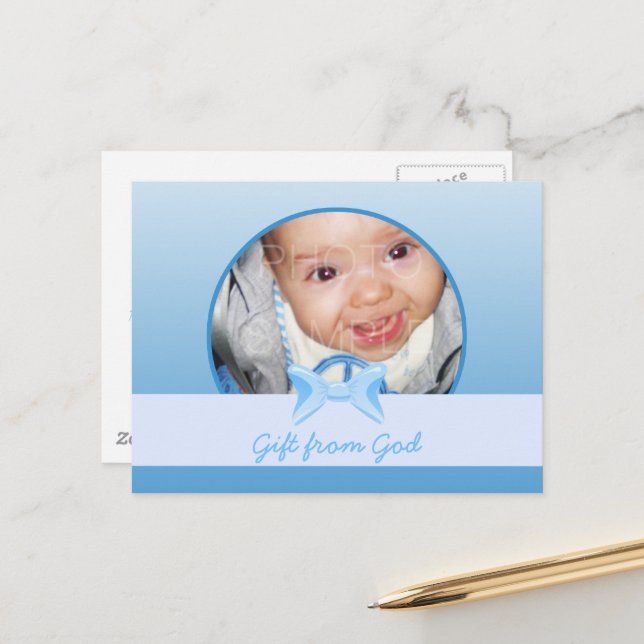 Baby-Junge-Foto-Geschenk aus dem Blue-Bogen-Bibel- Postkarte (Vorderseite/Rückseite Beispiel)