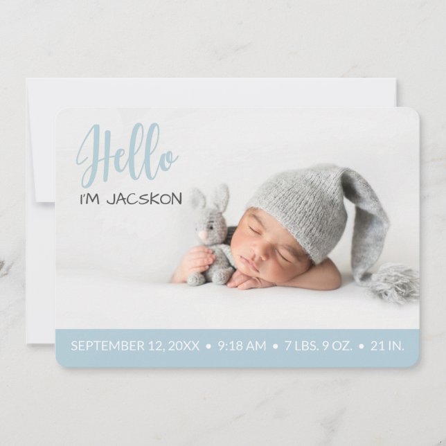 Baby-Junge Hallo Foto modern pastellblau Ankündigung (Vorderseite)