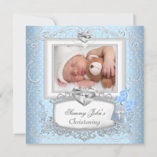 Baby Junge Mädchen Blau Taufe Taufkleid Kreuz Weiß Einladung