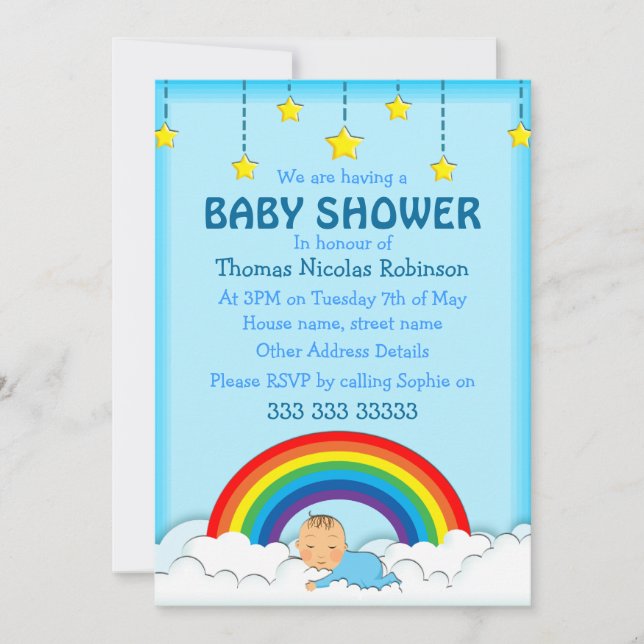 Baby Junge schläft unter einem Regenbogen und Wolk Einladung (Vorderseite)