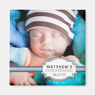 Baby-Jungen-blaues Band-TaufFoto Magnet