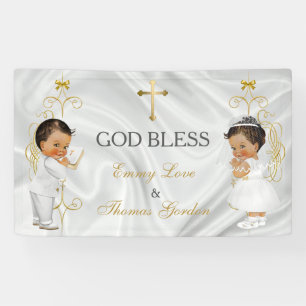 Baby Jungen & Mädchen Zwillinge Taufe Gold Banner