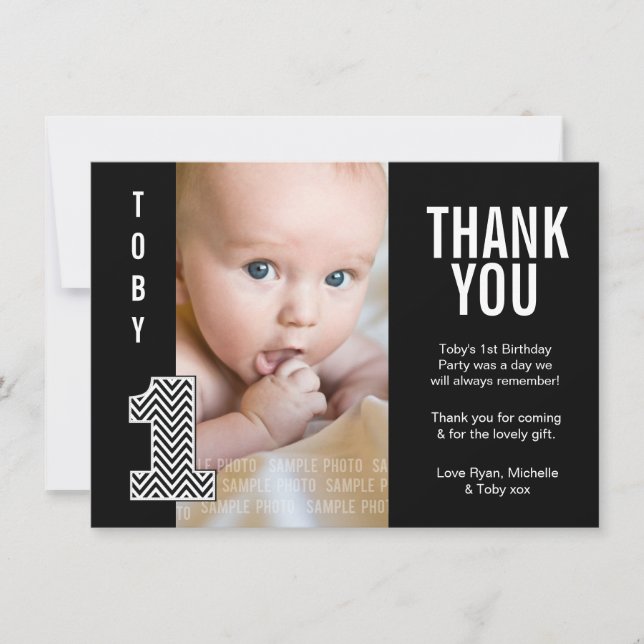 Baby-Jungen-Zickzack 1. Geburtstag danken Ihnen Dankeskarte (Vorderseite)