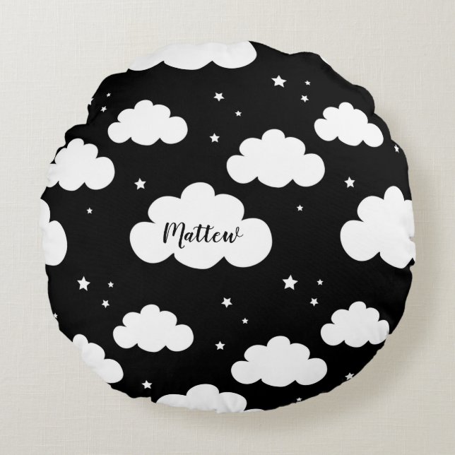 Baby & Kids - Monochrome Wolken & Sterne Rundes Kissen (Vorderseite)