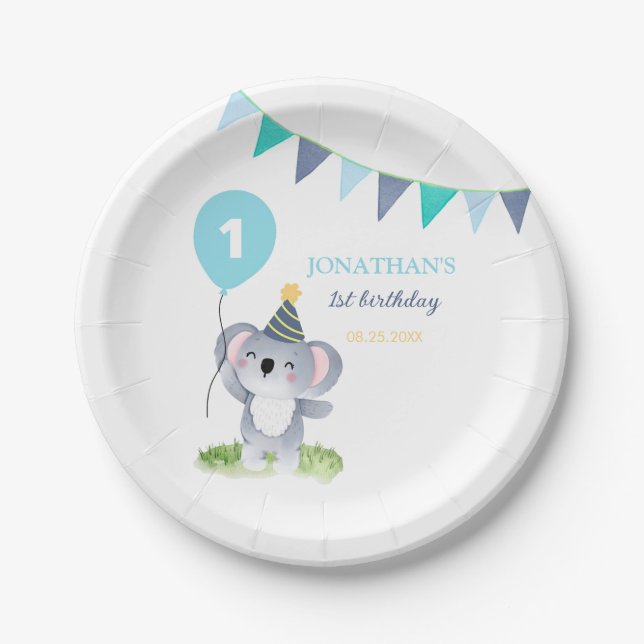 Baby Koala Balloon Party Flag Birthday Pappteller (Vorderseite)