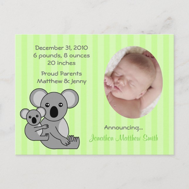 Baby Koala Bear Geburtserklärung Ankündigung Postc (Vorderseite)