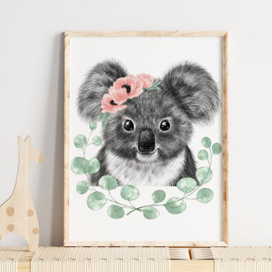 Baby Koala Floral Nursery Print   Koala Print Poster
