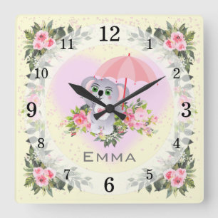 Baby Koala Kinderzimmer Décor Gelb Personalisi Quadratische Wanduhr