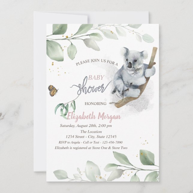 Baby Koala Ours Feuilles Baby shower Invitation (Devant)