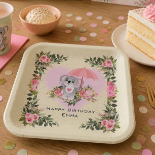 Baby Koala   Personalisierter Geburtstag Gelb Pappteller