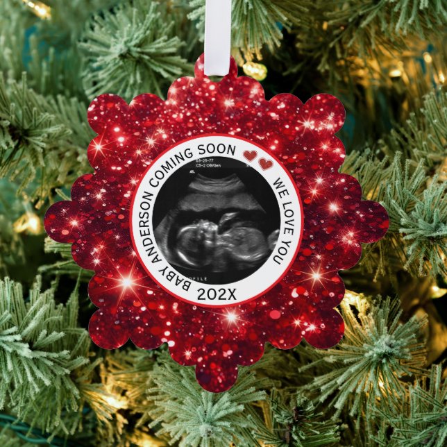 Baby kommt bald Sonogram Red Ultrasound Ornament Karte (Insitu (Baum))