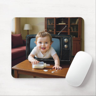 Baby kriecht aus einem Retro-Fernseher Mousepad
