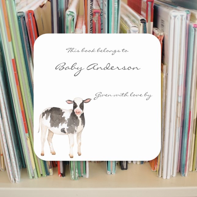 Baby Kuh Kalb Babydusche Buchzeichen Quadratischer Aufkleber (Von Creator hochgeladen)