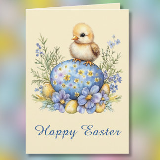 Baby-Küken Frohe Ostern Ei Blau Gelbe Blumen Karte