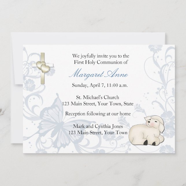 Baby Lamb Bleu Invitation religieuse (Devant)