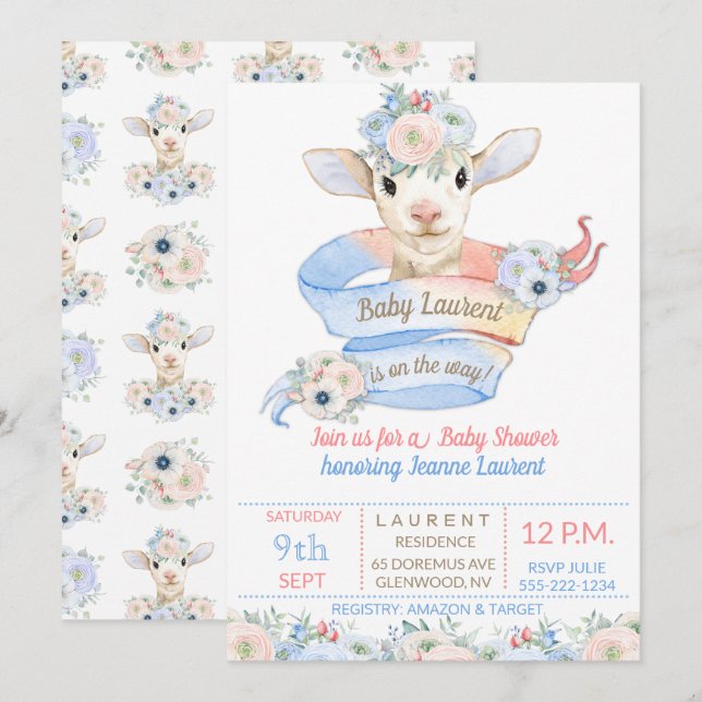 Baby Lamb rosa blaues Geschlecht neutrale Anzeige Einladung (Vorne/Hinten)