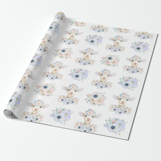 Baby Lamb rosa blaues Geschlecht neutrale Anzeige Geschenkpapier (Ungerollt)