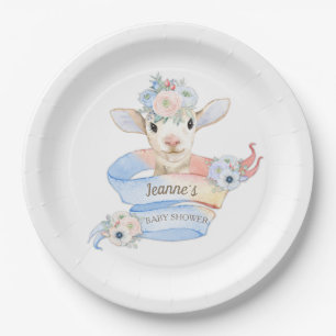 Baby Lamb rosa blaues Geschlecht neutrale Anzeige Pappteller