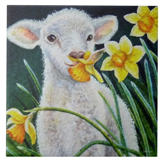 Baby Lamb und Frühlingsgetränke Fliese (Vorderseite)