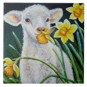 Baby Lamb und Frühlingsgetränke Wasserfarben Kun Fliese