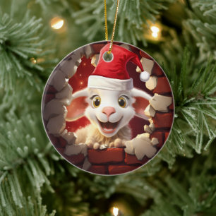 Baby-Lamm im Santa-Hut - 3D Keramik Ornament