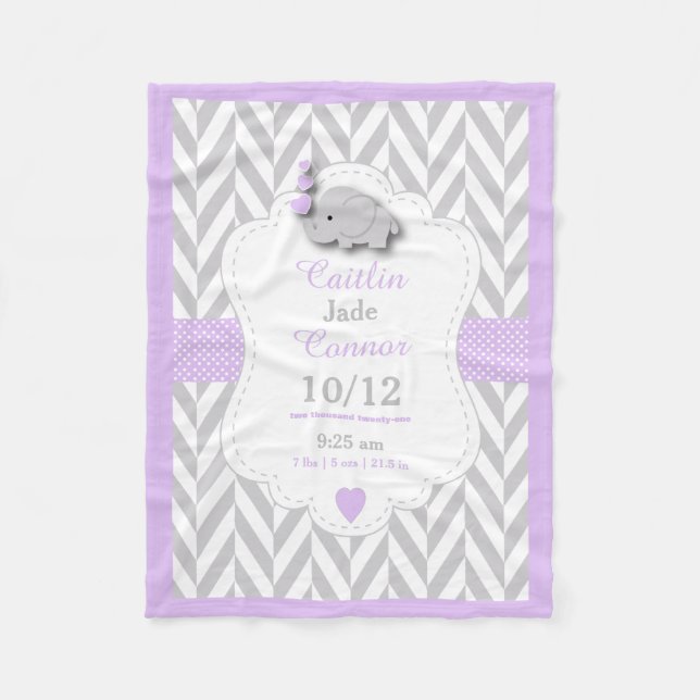 Baby Lavendel Elephant Birth Keepake Design Fleecedecke (Vorderseite)