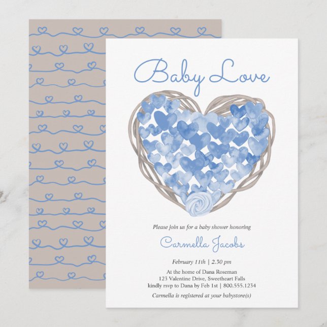 Baby Liebe Blue Hearts Rustic Baby Shower Einladung (Vorne/Hinten)