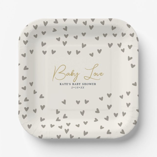 Baby Liebe Taupe Hearts Gender Neutral Baby Dusche Pappteller (Vorderseite)